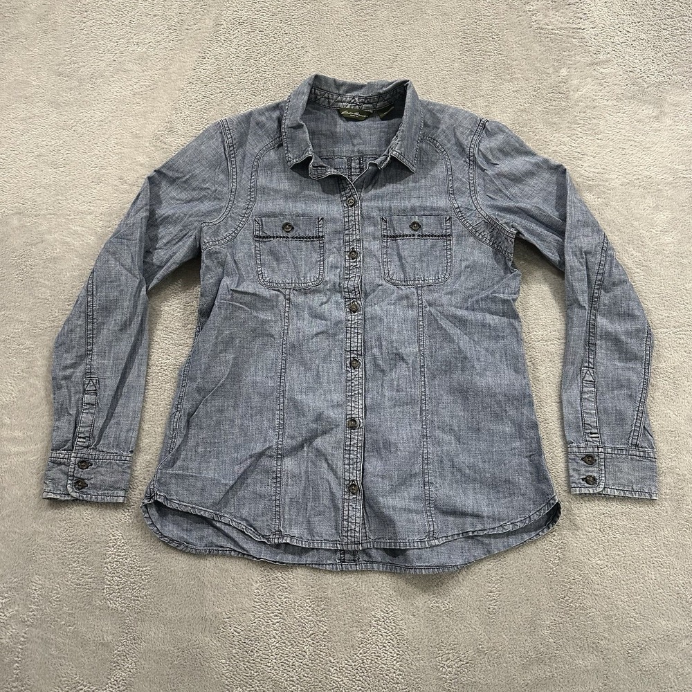Eddie Bauer Button Shirt Women's M Denim Blue Western Cottage Casual - Picture 1 of 7